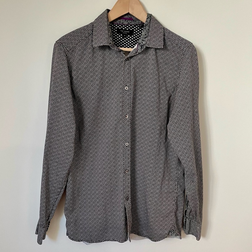 Ted Baker London Cotton Button Down Dress Shirt Black and White Printed Size L